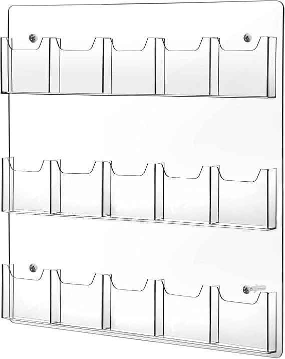 15 Pockets Clear Acrylic Brochure Pamphlet Holder Brochure Display Stand Business Tri Fold Brochure Multi Slot Holder Rack Wall Mount Pocket for Literature Menu Document Flyer Advertise Supplies