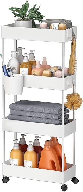 Pipishell 4 Tier Slim Storage Cart with Wheels, Laundry Cart, White | 7.1 inch Wide - Fits Narrow Spaces, Storage Cup and 6 Hooks, Ventilation Holes, Durable ABS Material, Detachable Wheels