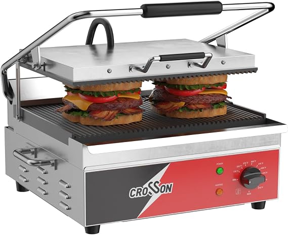 CROSSON 15"11" Ribbed ETL Listed Commercial Electric Panini Grill,Hinged Auto Leveling Top Plate Panini Press Sandwitch Maker