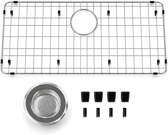 iPEGTOP Sink Protector Grid 28-3/8" x 14-3/16", Stainless Steel Sink Bottom Grid Rear Drain with Corner Radius 3/8", Sink Grate with Hole Cover for Kitchen Sink Single Sink Bowl, One-Piece