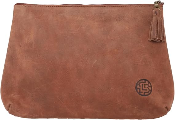 Leather Makeup Bag - Genuine Leather Cosmetic Pouch, Travel Organizer, Toiletry Clutch - Stone