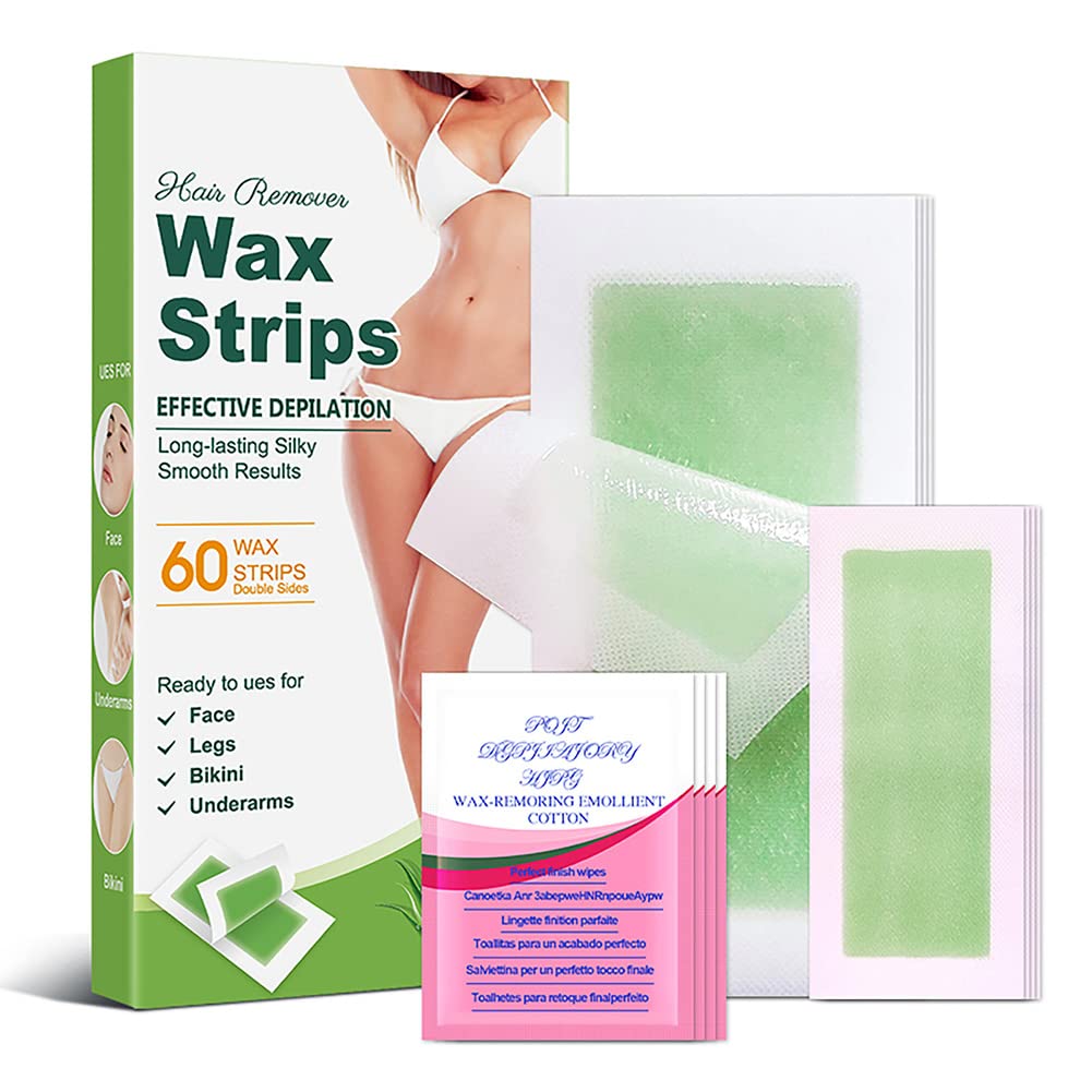 Wax Strips for Hair Removal 60 counts, Facial & Body Wax Strips for Men & Women, Hypoallergenic All Skin Types, with 4 Calming Oil Wipes