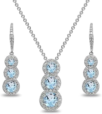 Sterling Silver Genuine or Synthetic Gemstone Journey Halo 3-Stone Necklace & Earrings Set for Women