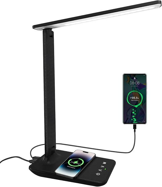 White crown LED Desk Lamp with 15W Wireless Charger & USB Port, Dimmable Table Lamp with 5 Lighting Modes, Sensitive Touch Control, Foldable & Portable Desk Light for Home, Office, Bedroom, Reading