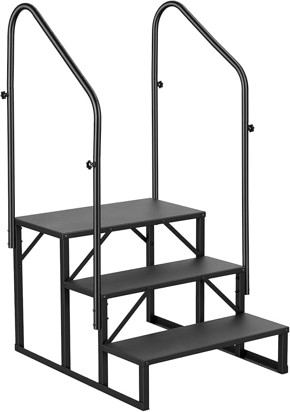 3 Step Caravan Steps with Handrail, Heavy Duty Outdoor Step Ladder, Carbon Steel Anti Slip Caravan Step Ladder for Camper Motorhome Porch Hot Tub Garden Steps, 660lbs Load Capacity (Black)