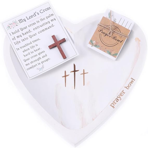 Resin Heart Dough Bowl with 24 Prayer Cards, Handcrafted Bowl with Holding Pocket Cross, Christmas Gifts Home Decor (White 9 x 9 x 1.1')