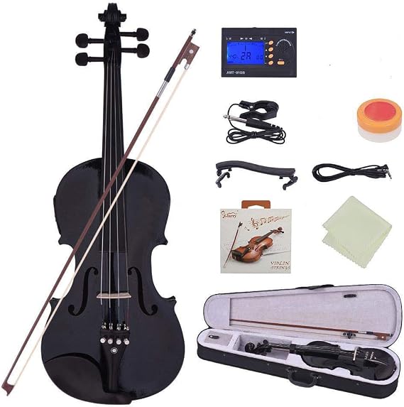 4/4 Solid Wood EQ Violin Case Bow Violin Strings Shoulder Rest Electronic Tuner Connecting Wire Cloth (Black)