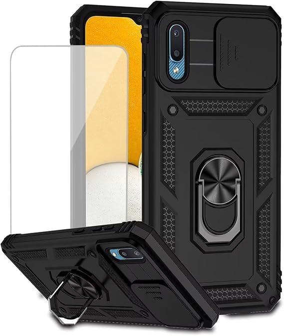 for Galaxy A02 Case, Samsung M02 SM-A022F Case with Tempered Glass Screen Protector and Slide Camera Cover, Magnetic Ring Car Mount Holder Protective Cover for Samsung Galaxy A02 Black