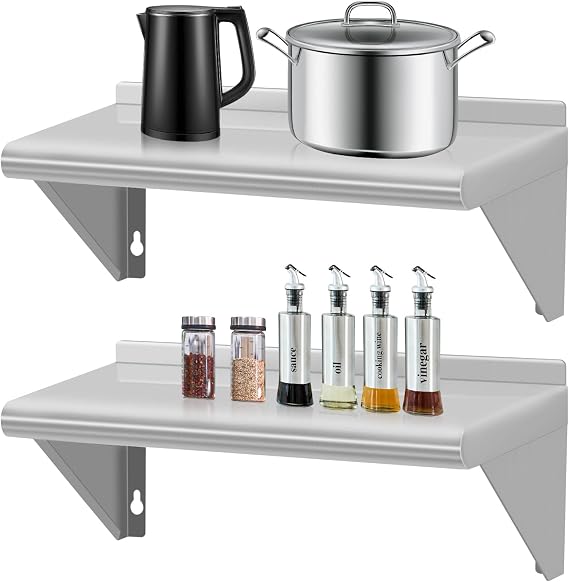 2Pack Stainless Steel Wall Shelf 8.6 x 16 Inches Commercial Grade Metal Kitchen, Wall Mounted Steel Shelving for Home, Restaurant