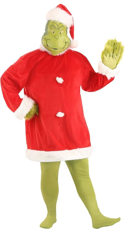 Adult Deluxe Santa Grinch Costume | Dr. Seuss The Grinch Outfit with Full Mask, Red Hat & Jacket, with Pair of Gloves