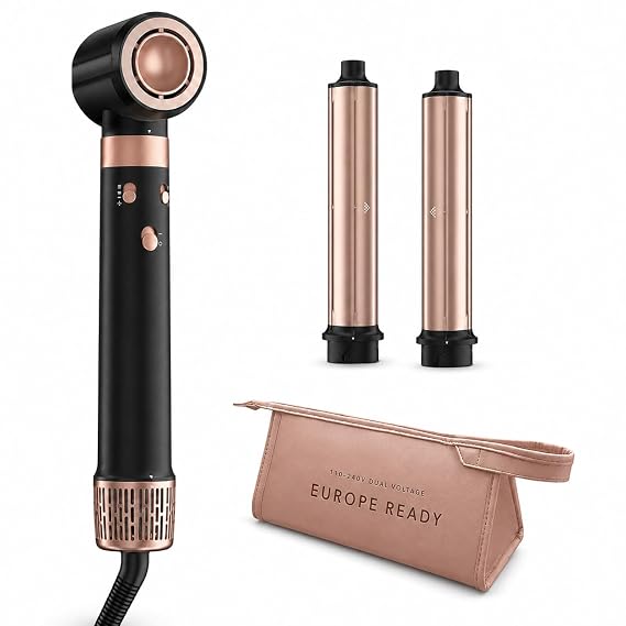 MESCOMB Dual Voltage Hair Styler for Travel, 3-in-1 1400W Hair Dryer and Air Curler with 2 Auto-Wrap 1.25-Inch Barrels, Automatic 110-240V, Travel Case for Europe and Worldwide Travel | 110-240V for Europe and Worldwide Travel, 3-in-1&1400W Hair Dryer with Two 1.25-Inch Auto-Wrap Barrels and Travel Case
