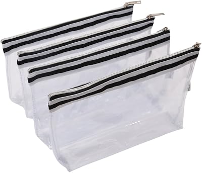 Multi-purpose Waterproof Clear Vinyl Zippered Toiletry Cosmetics Makeup Pouch With French Tape 4-pack