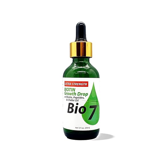 BIO7 Biotin Growth Drops Extra Strength with Chebe Oil, 2 Fl Oz | Peptide-infused formula for the look of thicker, fuller strands.