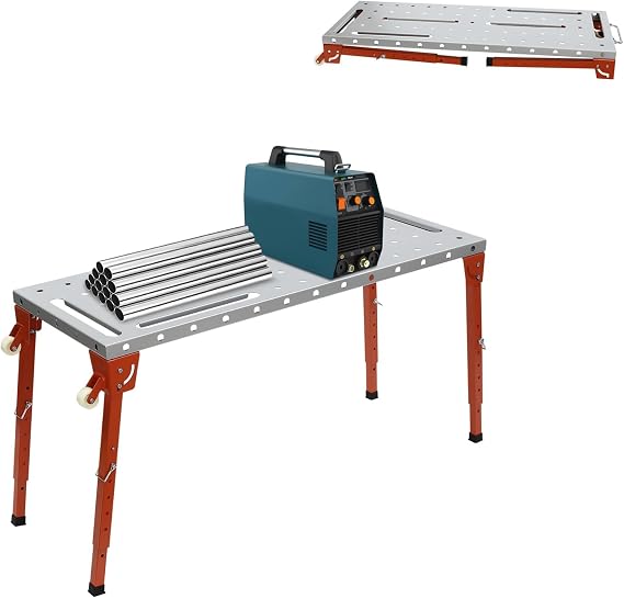 Portable Welding Table 46 * 18in Welding Table Top with Handles, 1000 lbs Steel Welding Table and Work Bench, 4 Adjustable and Foldable Legs+2 Casters, Welding Tables Benches for Shop, Garage