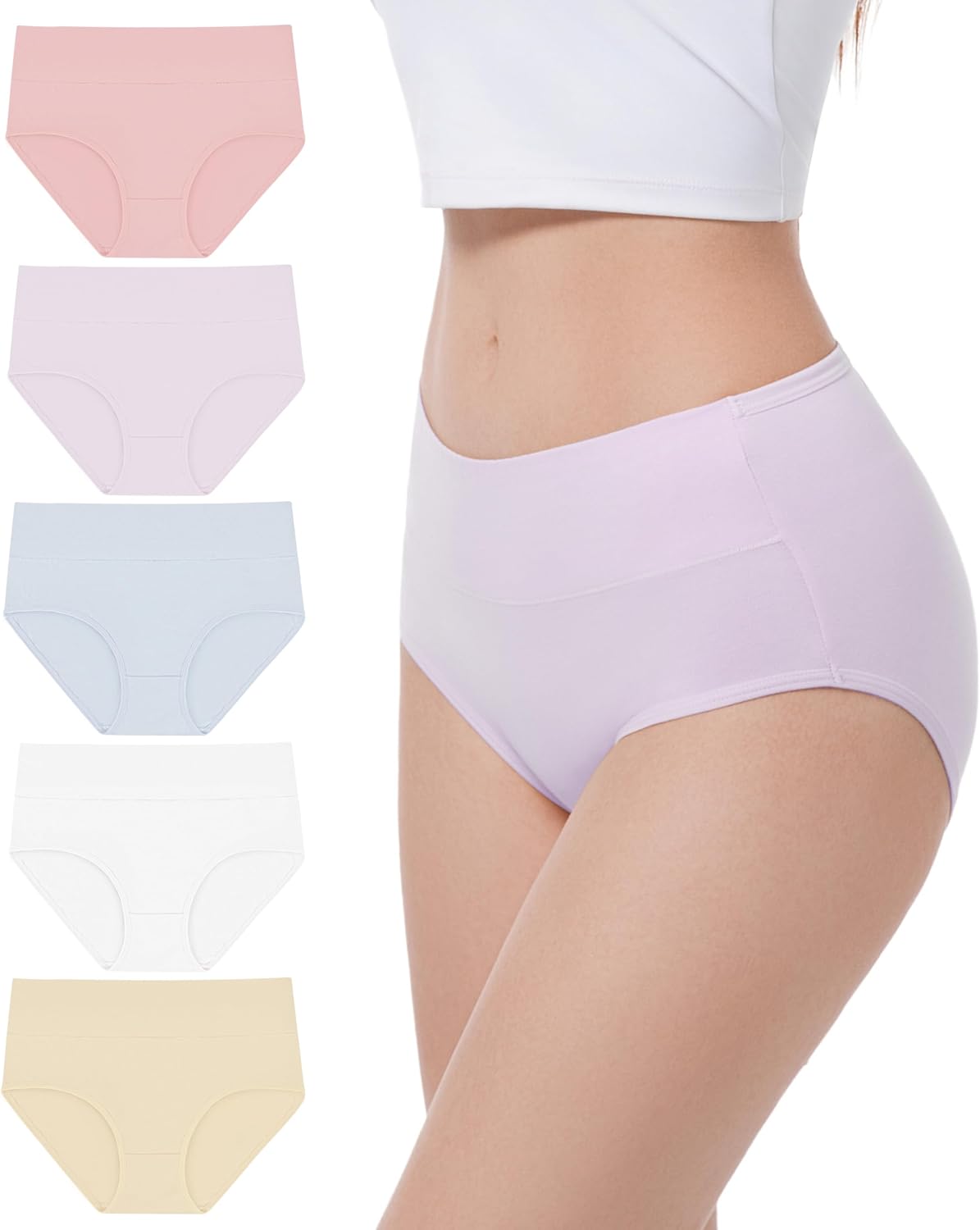 Women's Knickers High Waisted Cotton Underwear Ladies Pants Tummy Control Multipack of 5 S-3XL