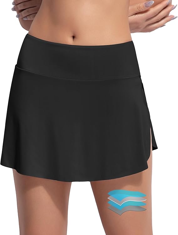 Period Swim Skirt Bathing Suit Mid Waist Elegant Swimwear Women | Tummy Swimsuit Smoothing Side Slit Ruffle 4 Layer Absorbent Leak Resistant Quick Dry Beach Pool Vacation Water Park Teens