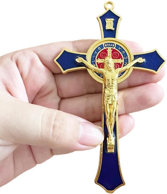 Bovemee Saint Benedict Benedictine Red Enamel 4.7X2.7 Inch Protection Wall Crucifix Cross Catholic San Benito Medalla Prayer Decoration (Blue)