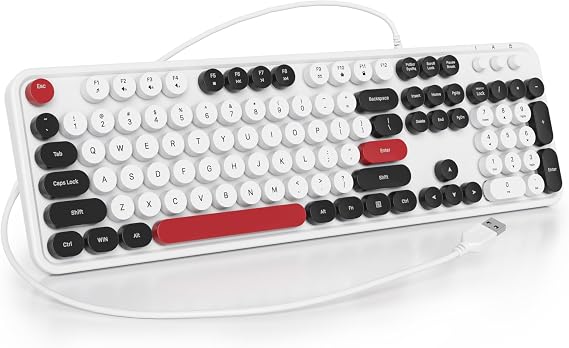 Wired Typewriter Keyboard Full Size USB Keyboard Retro Computer Keyboard with Round Keycaps for Windows Laptop(White)