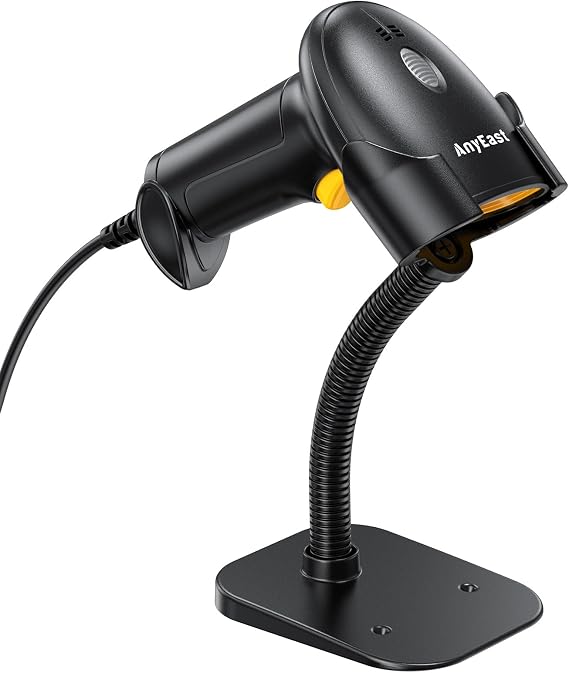 Barcode Scanner with Stand, USB Wired Inventory 2D QR Code Scanner Yellow | Screen scanning, automatic scanning,Hands-free adjustable stand, prefix/suffix addition,for Warehouse Library Supermarket