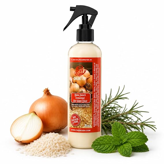 Fresh Onion Juice & Rice Water Hair Growth Spray with Rosemary & Mint (4 oz) Strengthens Roots, Reduces Hair Fall, Promotes Thicker, Fuller HairNatural Scalp Treatment for Men & Women
