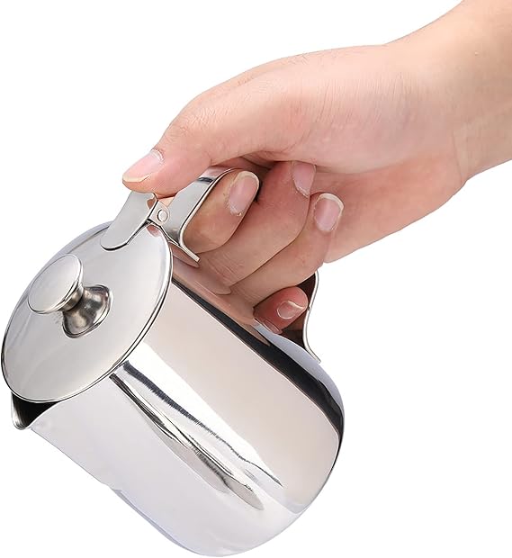 Premium 600ml Stainless Steel Milk Frothing Pitcher for Latte Art Heat Handle Spout Matching Lid