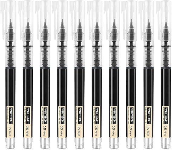 WRITECH Rolling Ball Pens Quick Dry Ink 0.5 mm Extra Fine Point Pens 10 Pcs Liquid Ink Pen Rollerball Pens Black Color