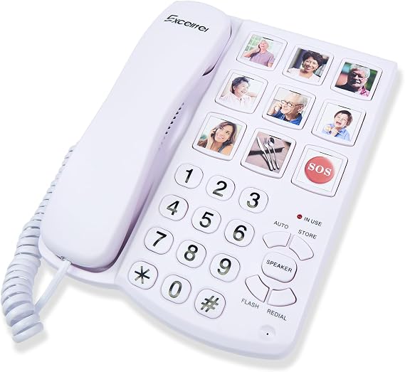 Big Button Phone for Seniors, Corded Landline Telephone with Handsfree Function and 9 Groups of Memory, One-Touch Dialling,Suitable People with Vision Disorders/Hearing Damage (EX-LD-858HF)