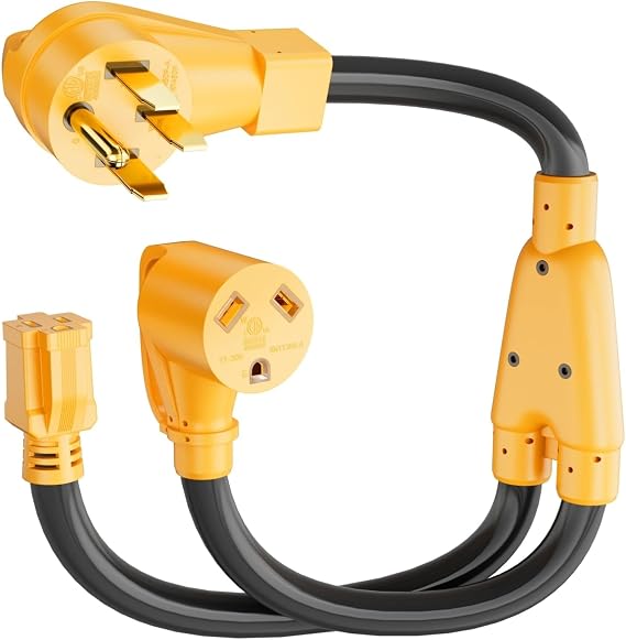MECMO RV 50 Amp to 30 Amp and 15 Amp Y Splitter, NEMA 14-50P to TT-30R & 5-15R Y-Adapter 50 Amp Male to 30/15 Amp Female Power Cord 50A to 110V Household RV Distribution Adapter STW 10/3, 2 Feet