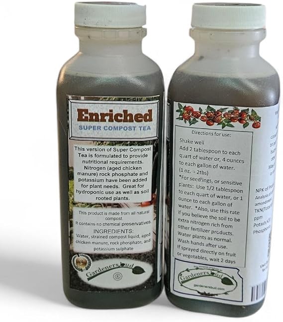 Enriched Super Compost Tea (Quart (32 oz, in Two 16 oz Bottles)) Natural and Organic for Plant Food, Nutrient, Fertilizer and Growth Efficiency.
