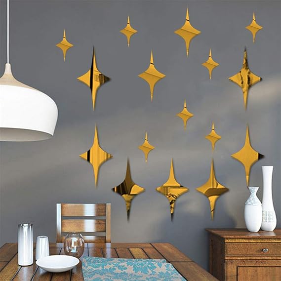 3D Star DIY Mirror Wall Stickers, Acrylic Art Decor Wall Sticker Murals, Children's Room Nursery Fashion Design Crystal Art Decals Home Bedroom Ceiling Bathroom TV Background Decoration (Gold)