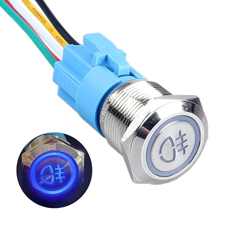 1pc 19mm Metal Latching Push Button Switch 3/4" Mounting Hole 12V-24V 1NO 1NC with Pre-Wired Socket for Car Truck Boat Modification (Self-Locking Back Fog Lamp Switch Blue LED)