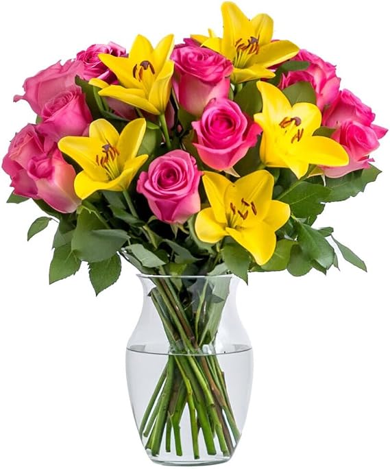 GlobalRose Flowers Fresh Bouquet (Hot Pink & Yellow) Responsibly Sourced Fresh Flowers Hand-Picked Asiatic Lilies & Roses Bouquet with Greens for Valentine's Day, Birthday & Special Occasions