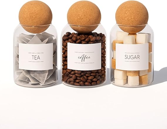 Argon Tableware Glass Tea Coffee Sugar Jars Set - Pack of 3 500ml Storage Canisters with Cork Lids & Labels, Modern Kitchen Containers for Pantry, Countertop & Home Organisation | 500ml Clear Glass Canisters with Natural Cork Ball Lids and Tea Coffee Sugar Labels, Set of 3 Kitchen Storage Containers