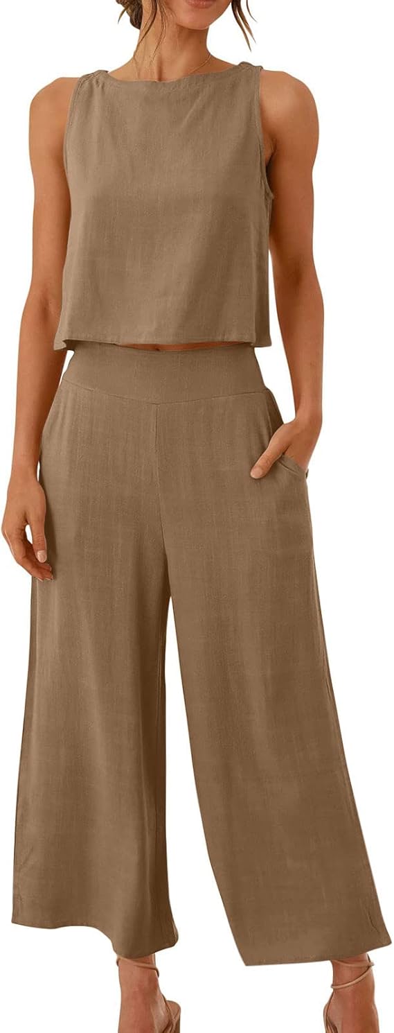 Women Cotton Linen 2 Piece Outfit Set Summer Sleeveless Crop Tank Tops and Wide Leg Pants Lounge Set with Pockets