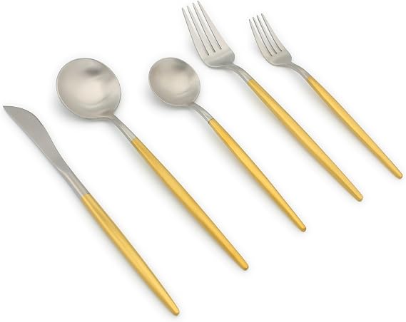 Elyon Lea 20 Piece Matte Silver/Gold Flatware Set, 18/10 Stainless Steel Gold Thin Handles Silverware, Service for 4, Sturdy Cutlery Set, Heavy Duty Modern Satin Finish