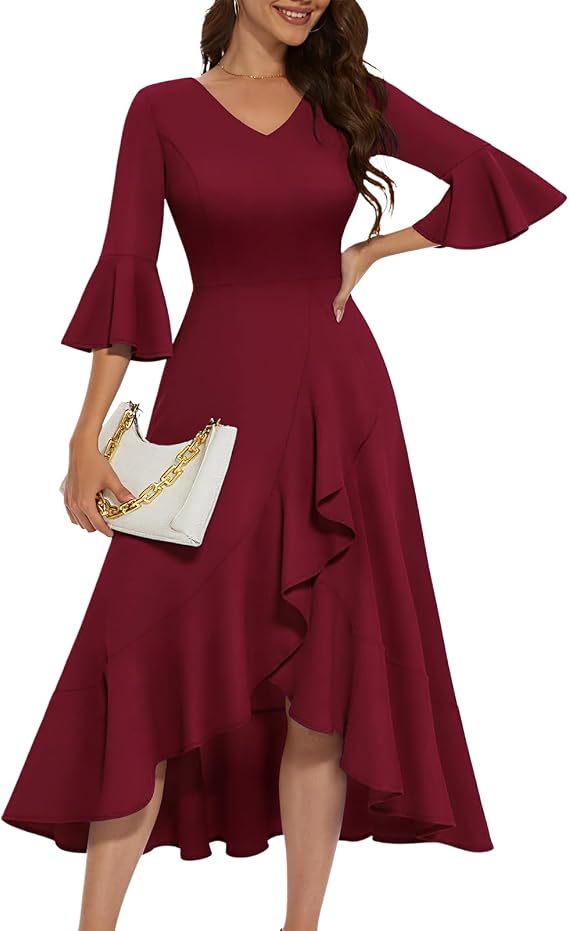 HomRain Women's Wedding Guest Dress Elegant Formal Cocktail Bell Sleeve Dress for Prom Homecoming Tea Party