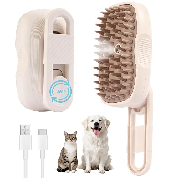 Cat Steam Brush for Shedding - 360 Rotatable Pet Steam Brush for Cats & Dogs, Food-Grade Silicone Cat Hair Brush for Indoor Cats & Long Haired Pets (OFF-White)