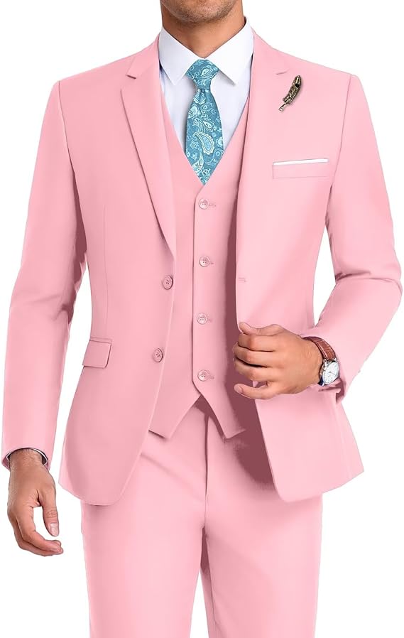 Men Suit 3 Pieces Slim Fit, 2 Buttons Groomsmen Business Jacket Vest Pant Prom Tuxedo with Tie