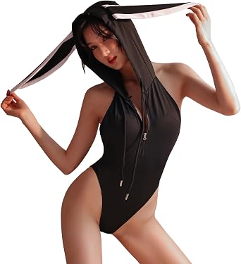 SINROYEE Womens Sexy Bunny Cosplay Costume Anime Lingerie Kawaii Maid Outfit Japanese Cute Bodysuit Hoodie