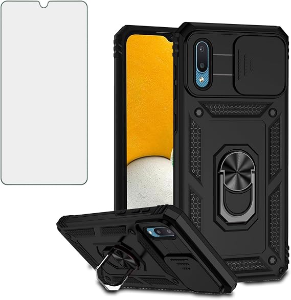 Asuwish Phone Case for Samsung Galaxy A02 with Slide Camera Cover Tempered Glass Screen Protector Ring Holder Stand Rugged Slim Cell Protective A 02 5G 02A Ao2 M02 Women Men Military Grade Black