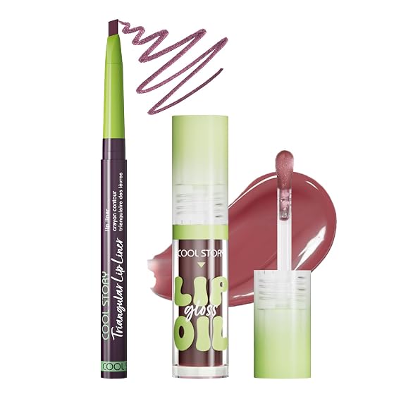 Dark Purple Lip Liner and Lip Oil Gloss Click Clear Shimmer, Long Wear Makeup Fat Oi Set With Natural Oils for Nourishment, Moisturizing Lip Lipstick Lip Liner Pencil Combo Set