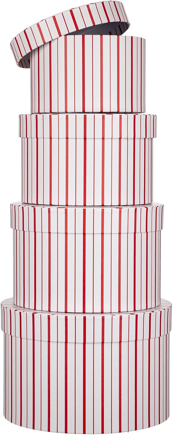 Oairse Gift Boxes with Lids for Presents Red and White Striped Round Box for Flower Arrangements Set of 4 Nesting Gift Boxes Bulk for Bridesmaid, Proposal, Wedding, Birthday, Party Favor Graduation