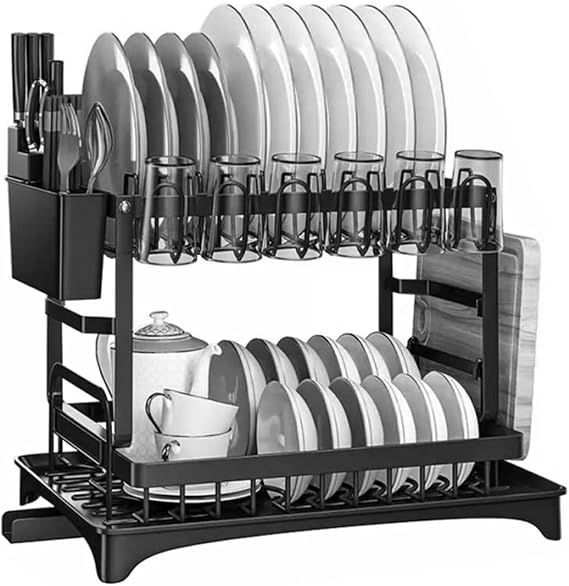 Dish Drainer Rack, 2-Tier Sink Dish Drainer with Drip Tray, Dish Drying Rack with Cup Holder and Utensil &amp; Cutting Board Holders, Dish Rack for Kitchen Countertop or Sink, Black