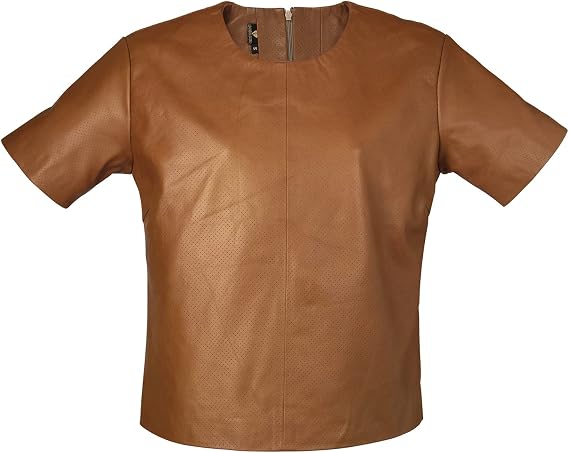 LL LEATHER LOVERS Women's Leather Top - Back Side Hidden Zipper Round Neck Lambskin Leather Perforate Half Sleeve Top