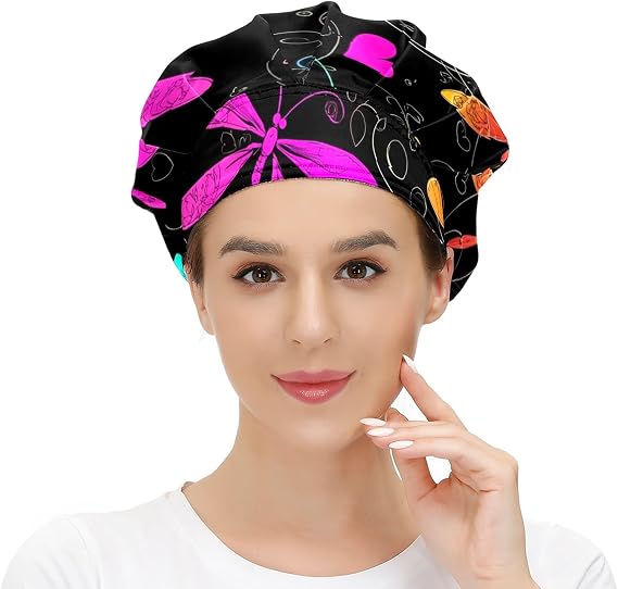 Working Cap with Button and Sweatband Adjustable Tie Back Bouffant Hats Printed Multi Color for Woman Man.