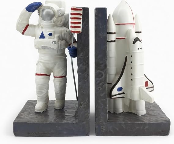 Bellaa Astronaut Bookends Decorative Set of 2 - Space Rocket Ship Book Ends Holders for Shelves - Modern Office Desk Kids Room Decor - White Resin 7 Inch 24650