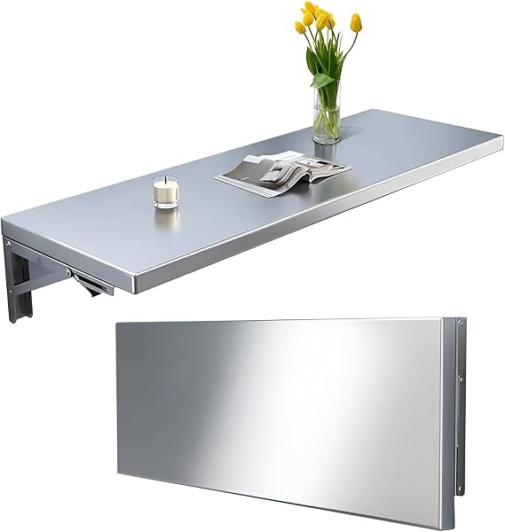 304 Stainless Steel Wall Mounted Folding Table | Space Saving Workbench | Heavy Duty Fold Down Desk for Kitchen, Laundry, RV, Home Office and Commercial Use(60*40cm)