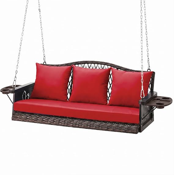 Upgraded Wicker Hanging Porch Swing Heavy Duty 900 LBS 3-Seat Outdoor Patio Swing Chair Bench for Adult w/ 8.9ft Hanging Chains Cushions and Cup Holder