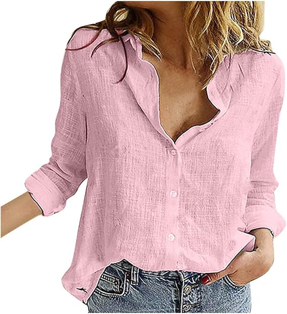 Linen Shirts for Women Plus Size Linen Button Down Shirt Summer Plain Long Sleeve Collared Top Dressy Casual Blouses