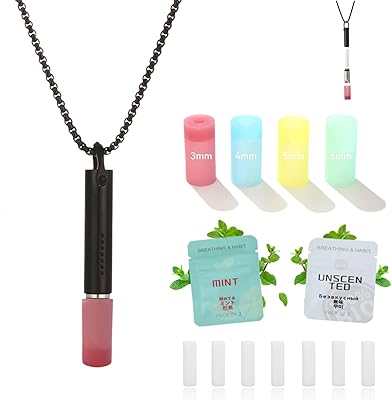 Mint Breathing Necklace - 304 Stainless Steel Refillable Air Device to Help Quit Smoking, Portable Calming Focus Tool with 4 Airflow Tips & Carry Pouch Black